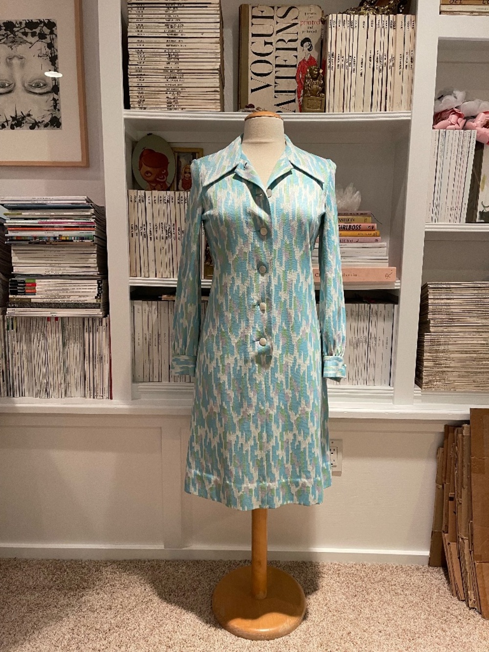 Vintage 70s Ikat Shirt Dress Aqua Lavender Green Pearl Buttons